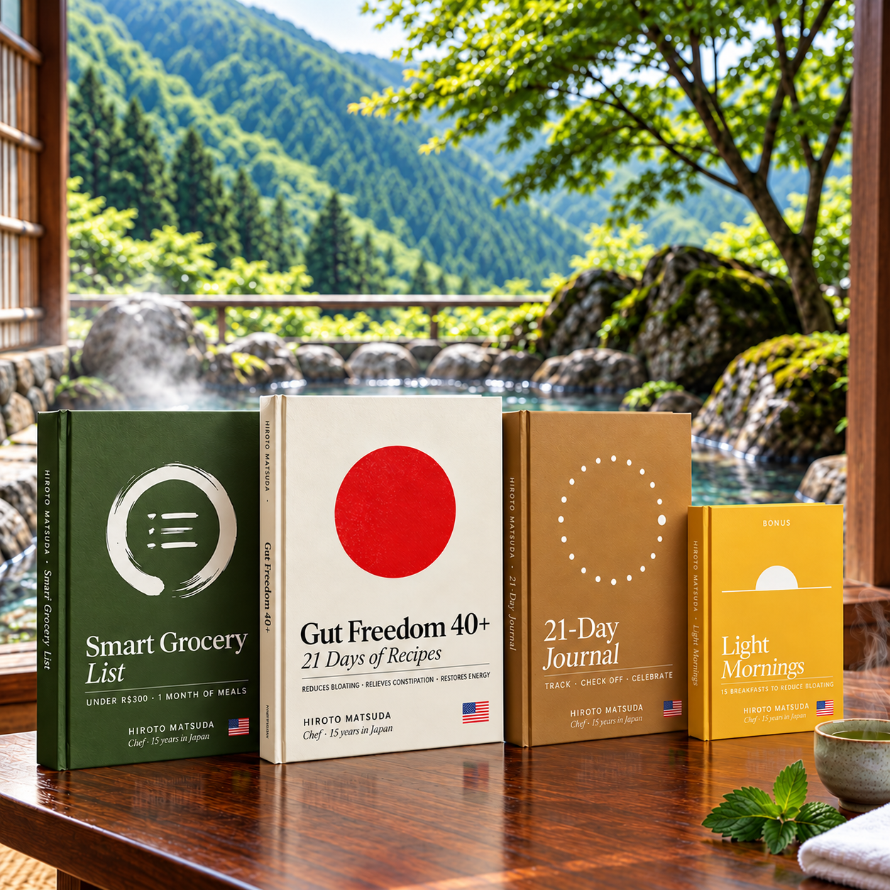 Gut Freedom 40+, Smart Grocery List, 21-Day Journal and Light Mornings beside a Japanese hot spring